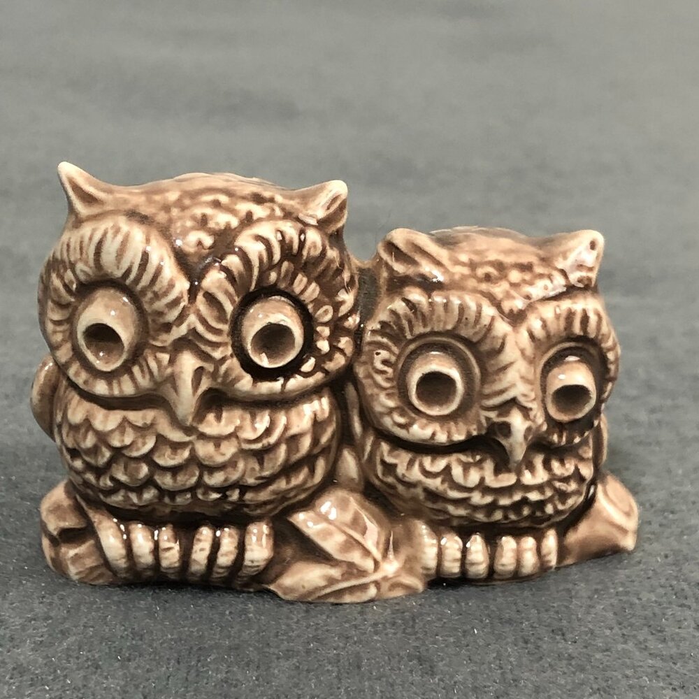 Miniature Owl Figurine Owl Pair Carved detail Ceramic
